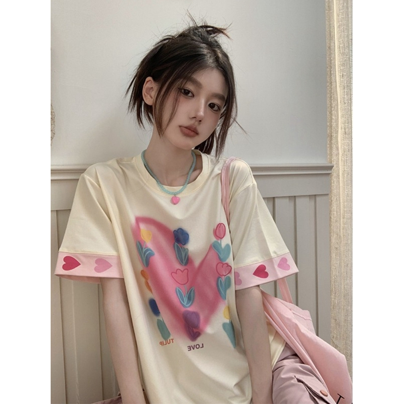 6535拉架棉 圓領美式愛心印花正短袖t恤女款寬鬆上衣潮
