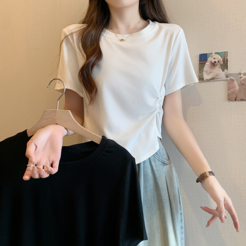 實拍  40支純棉 2024夏裝設計感小眾短袖T恤女高腰短款