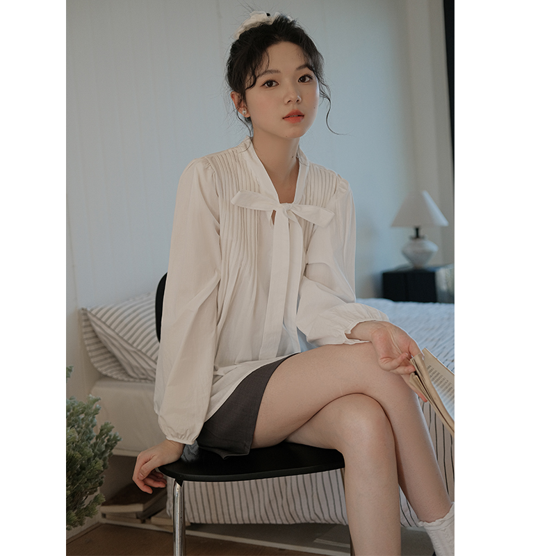 實拍氣質系帶長袖襯衫女春季新款設計感襯衣女上衣