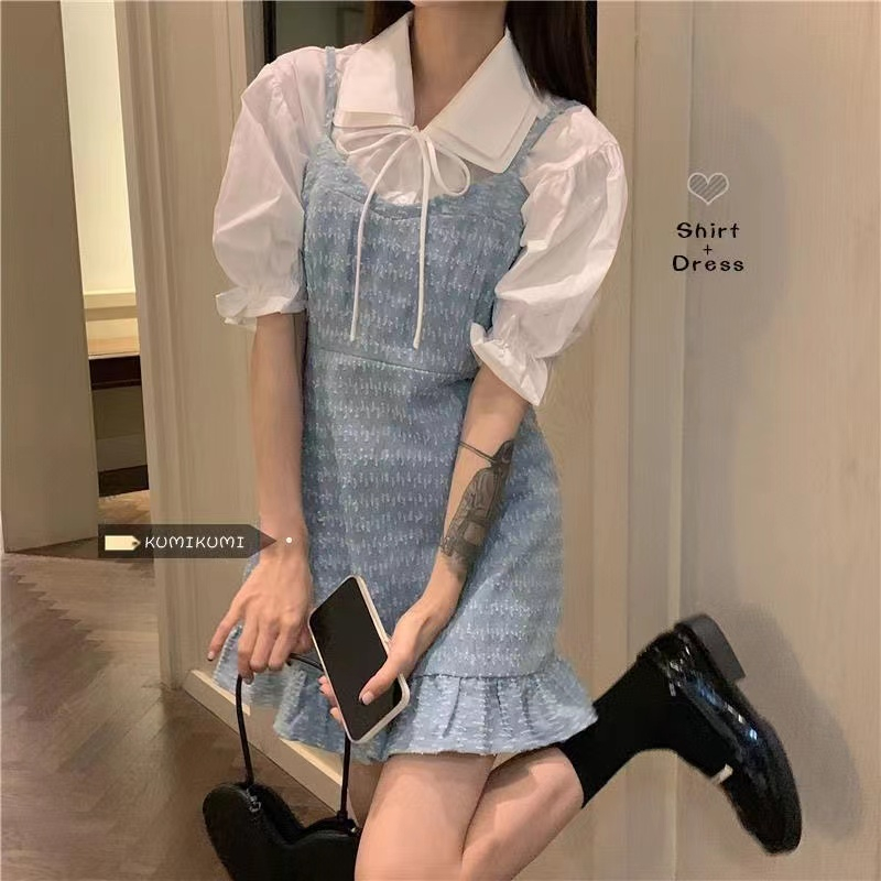套裝女夏季鹽系減齡小個子吊帶韓版設計感襯衫+連衣裙兩件套女