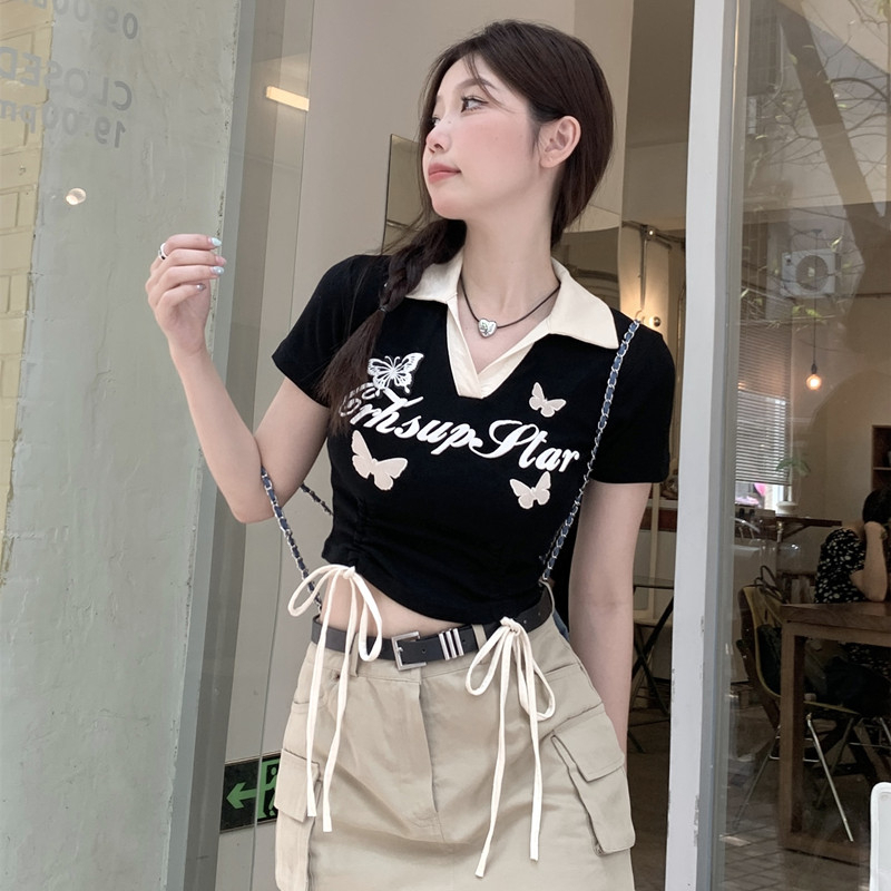 40支螺紋精梳棉210克+原版做法#質量#Polo領蝴蝶印花短款T恤