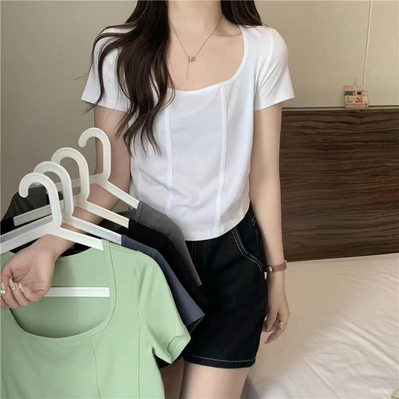 實拍純棉羅紋方領魚骨修身知款短袖上衣女