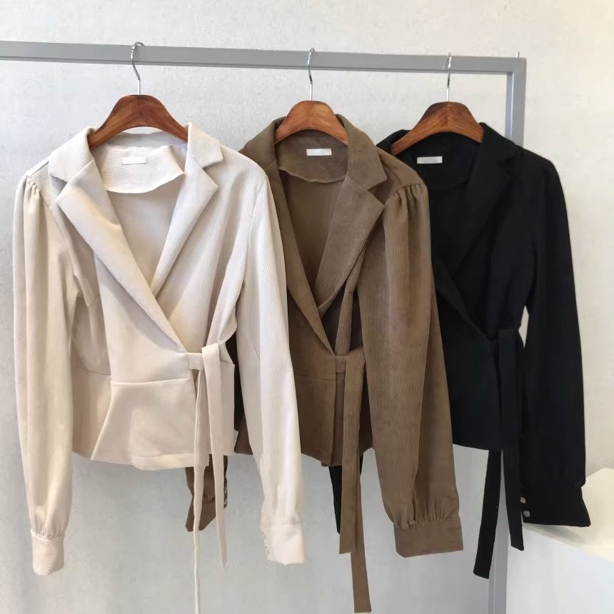 Spring and Autumn French Retro Suit Collar Side Tie Waist Slim Solid Color Puff Sleeve Shirt for Women