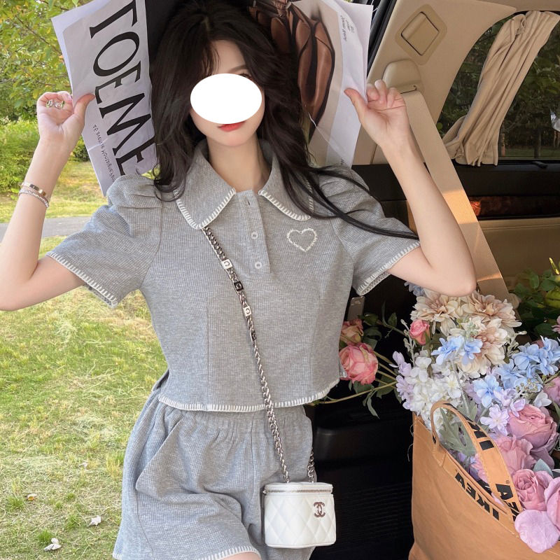 辣妹減齡拼接短袖2024年夏季時尚套裝高腰運動休閒短褲兩件套女潮