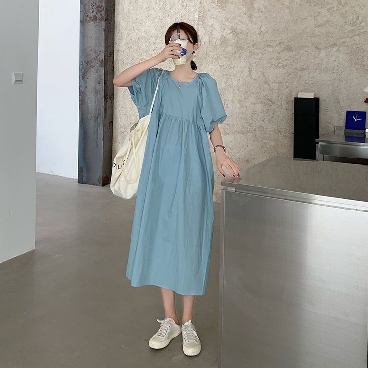 夏季純色新款學院風泡泡袖中長款系帶甜美連衣裙女學生潮