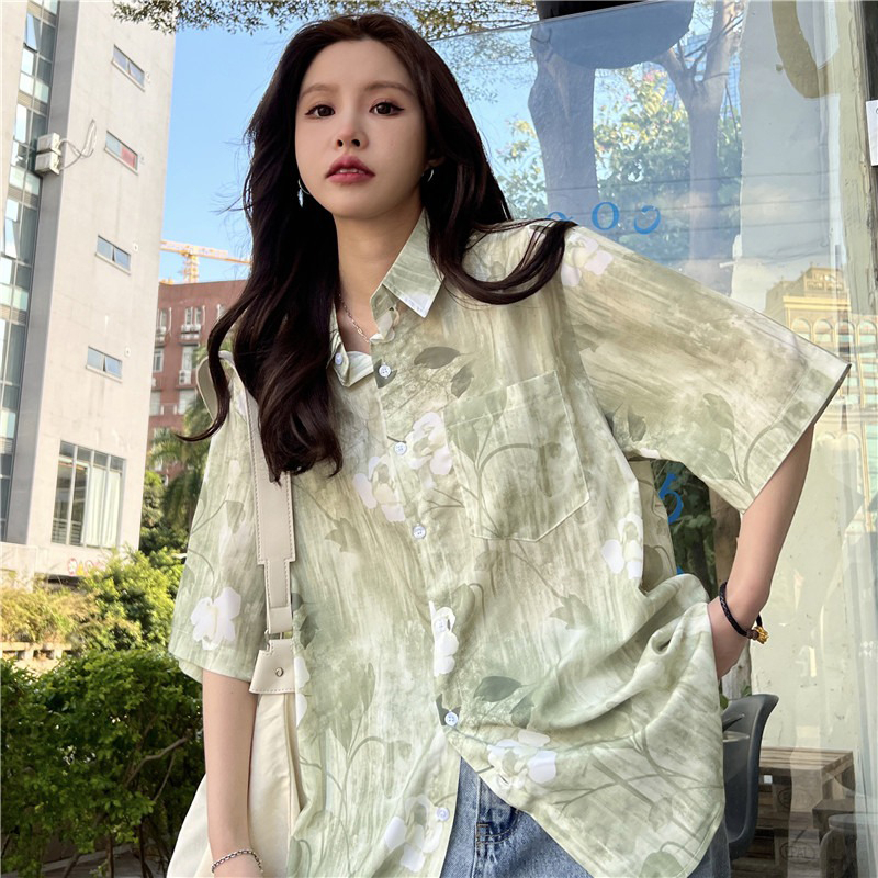 American retro shirt for women tie-dye flower niche design trendy outer wear lazy style bf high-end shirt Hawaii