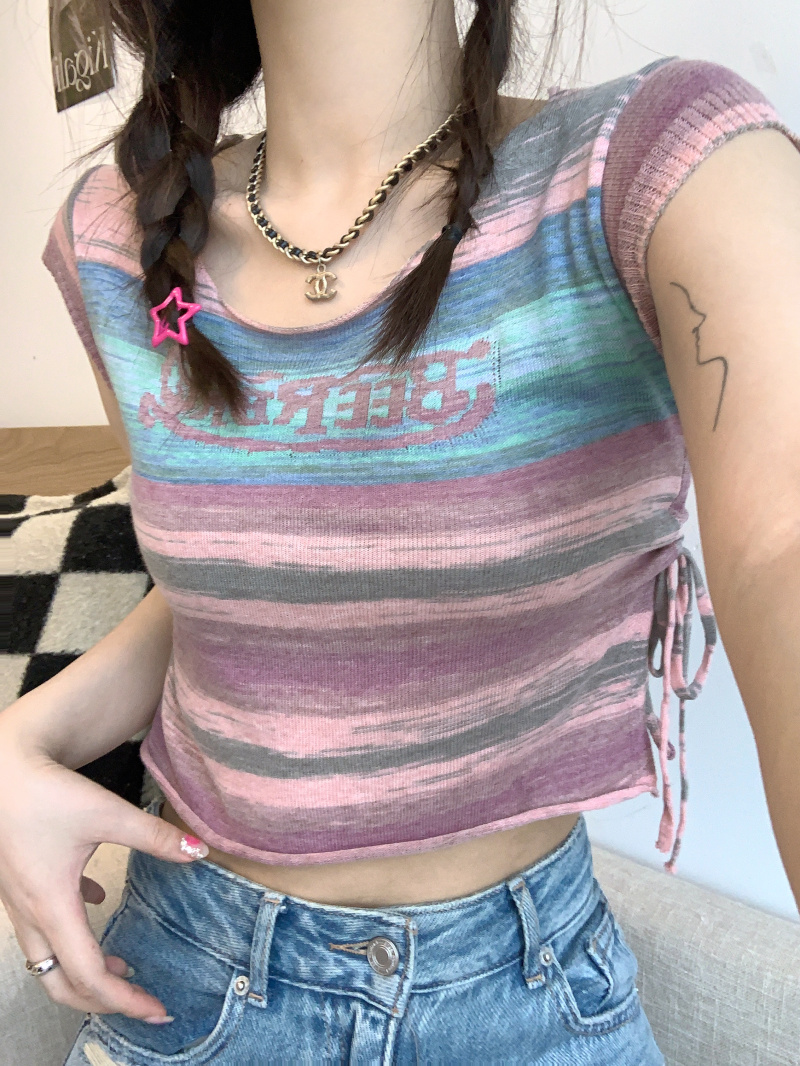 辣妹百搭條紋字母針織衫女夏季抽繩綁帶體恤內搭修身顯瘦短袖上衣