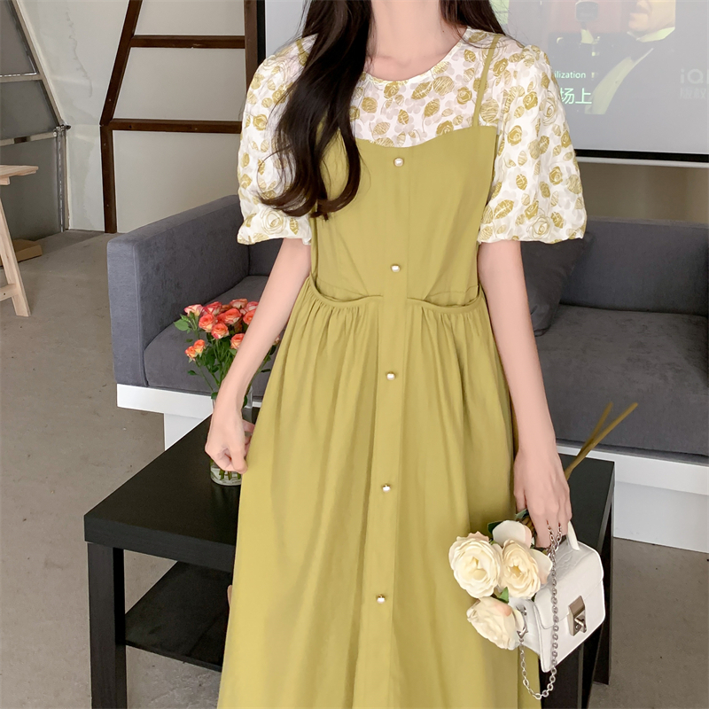 四面彈+原版做法碎花假兩件連衣裙女夏季新款法式少女中長裙