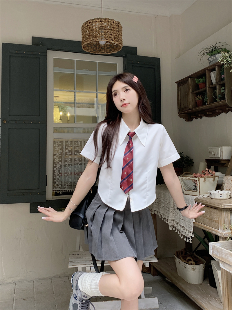 JK領帶雙拉鏈ins韓版純欲辣妹風短款白襯衫設計感個性時尚上衣女