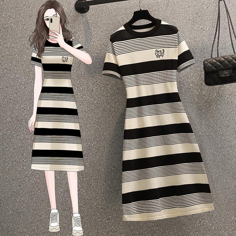 2024 summer new slimming belly-covering waist T-shirt dress casual striped knitted A-line dress