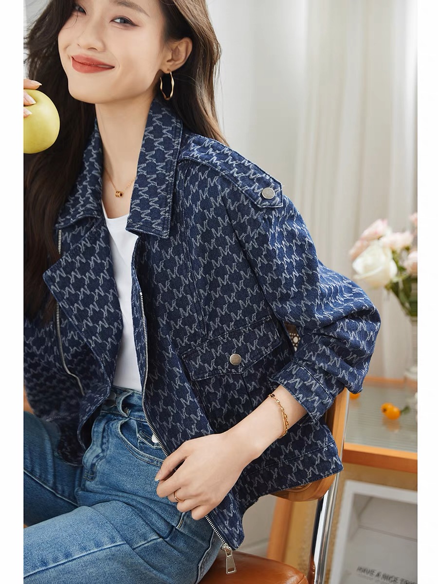 休閒斜門襟牛仔服2024年夏秋新款簡約質感口袋百搭外套女