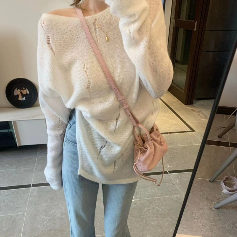 Hollow-out knitted sweater for women, thin sweater, sun protection blouse, spring and summer design, lazy style, soft waxy top