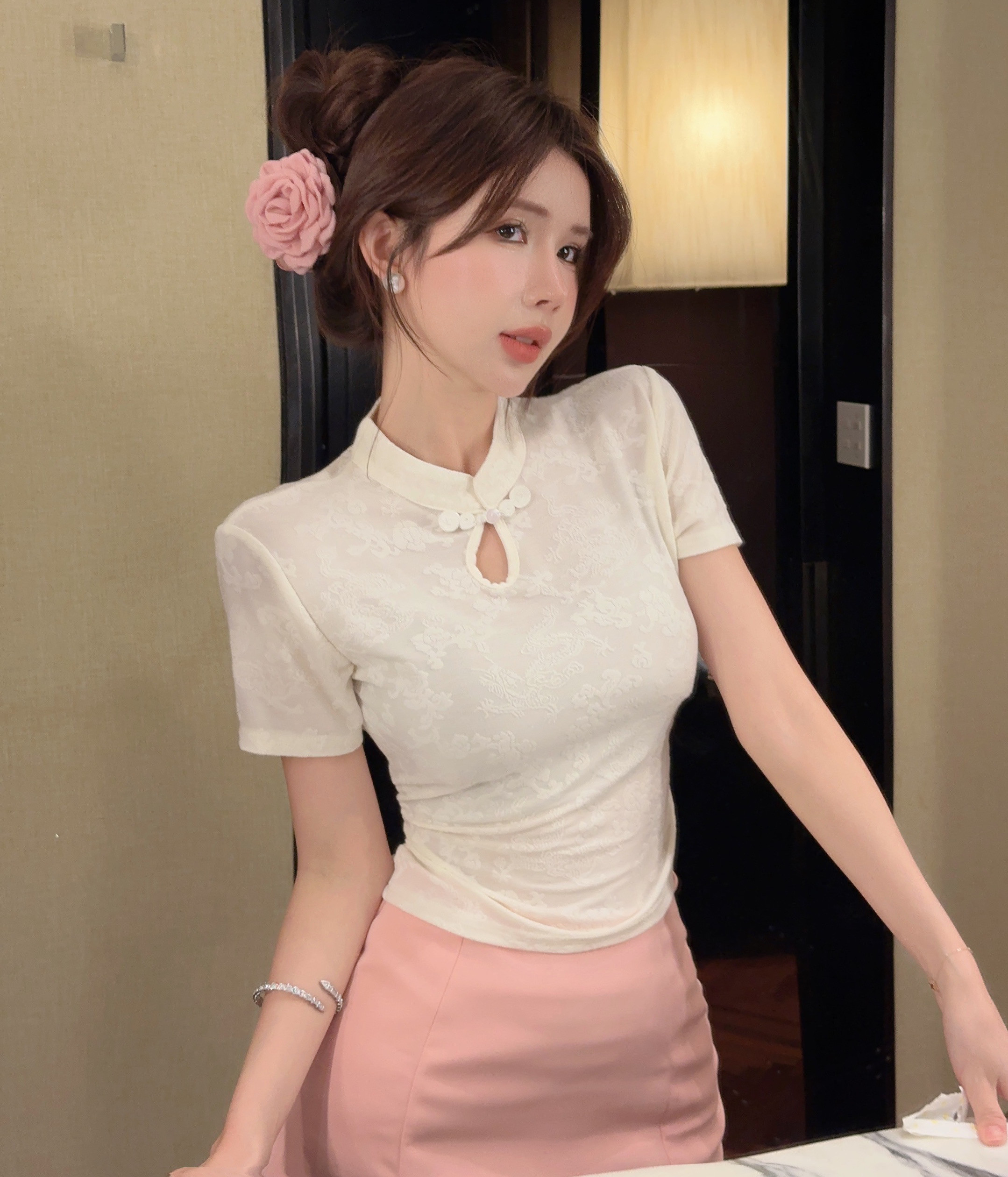 實拍#新中式國風提花別致絕美上衣設計感小眾立領盤扣短款短袖t恤