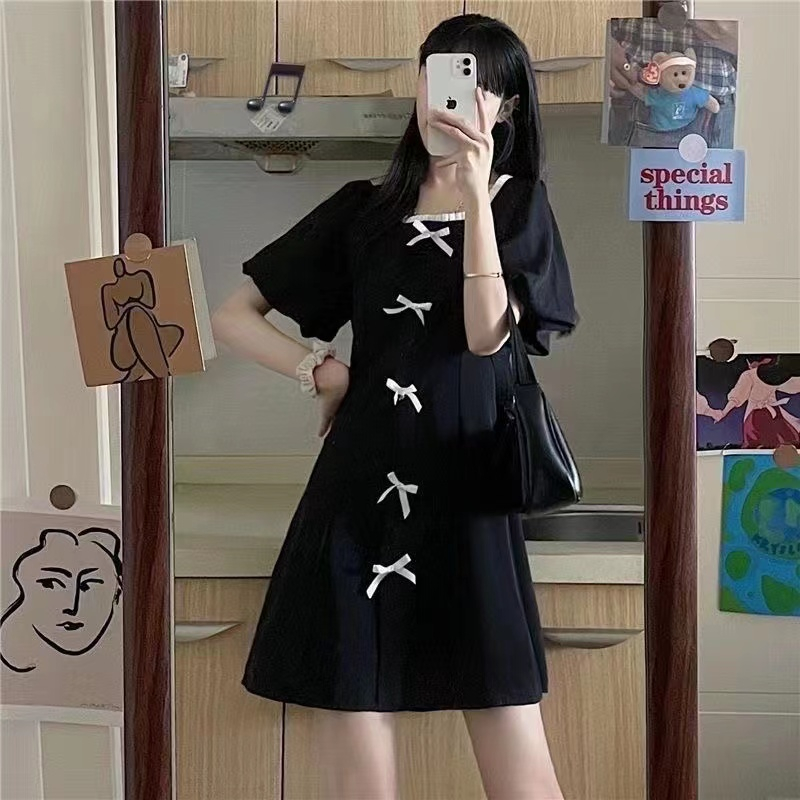 夏季新款蝴蝶結連衣裙女高級感溫柔風收腰小黑裙