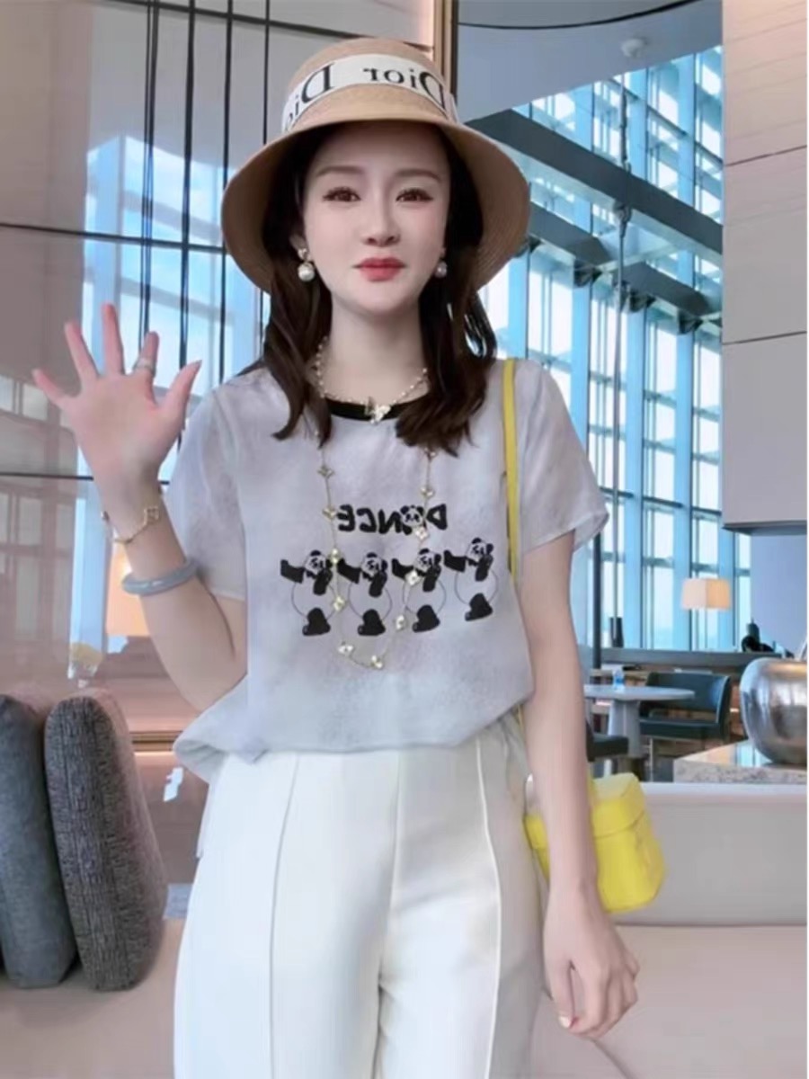 時尚休閒圓領字母印花短袖T恤女款2024春季新款韓系減齡氣質上衣