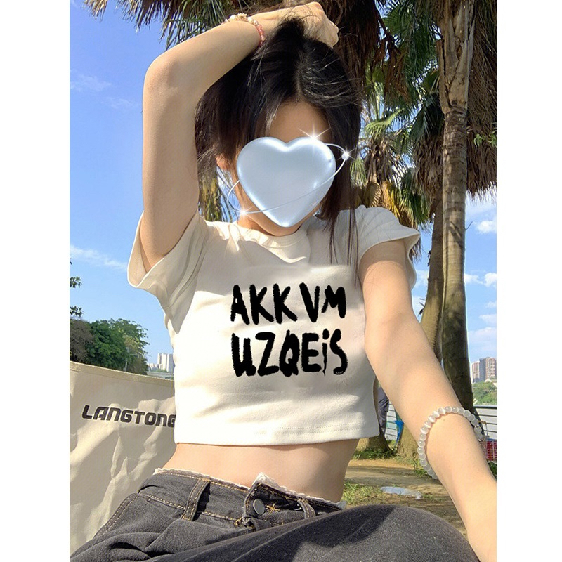 白色短款T恤女夏季純欲風辣妹修身露臍印花短袖上衣