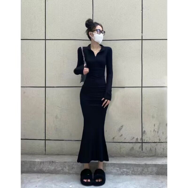 港味高級感收腰吊帶連衣裙女春裝新款兩件套裙裝高腰包臀魚尾長裙