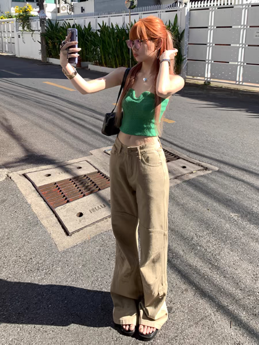 復古美式辣妹牛仔褲小眾設計休閒百搭闊腿工裝褲ins