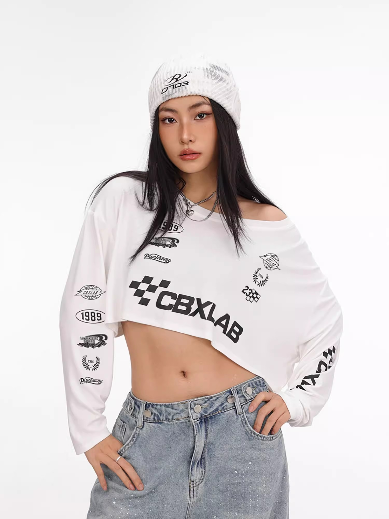 CBXLAB街舞潮牌白色賽車罩衫爵士寬鬆上衣美式復古跳舞短款長袖潮