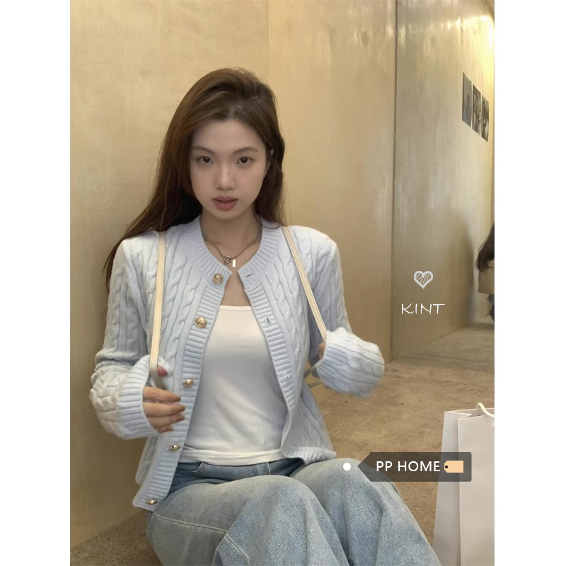 PPHOME韓系奶藍~溫柔軟糯麻花短款毛衣女糖果色圓領針織開衫外套