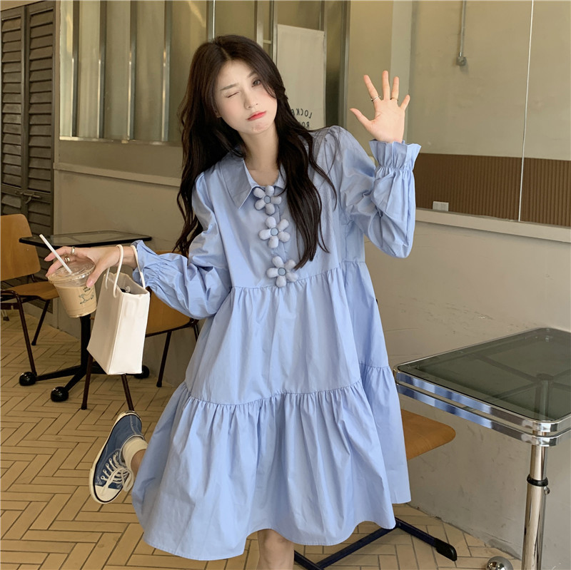 藍色長袖襯衫連衣裙女裝春季新款法式初戀小個子別致奶甜裙子