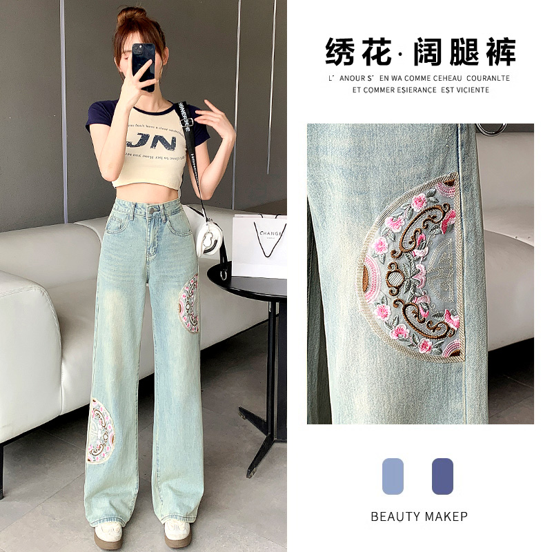 新中式國風刺繡牛仔褲女春裝2024年新款顯瘦高腰窄版闊腿直筒褲子