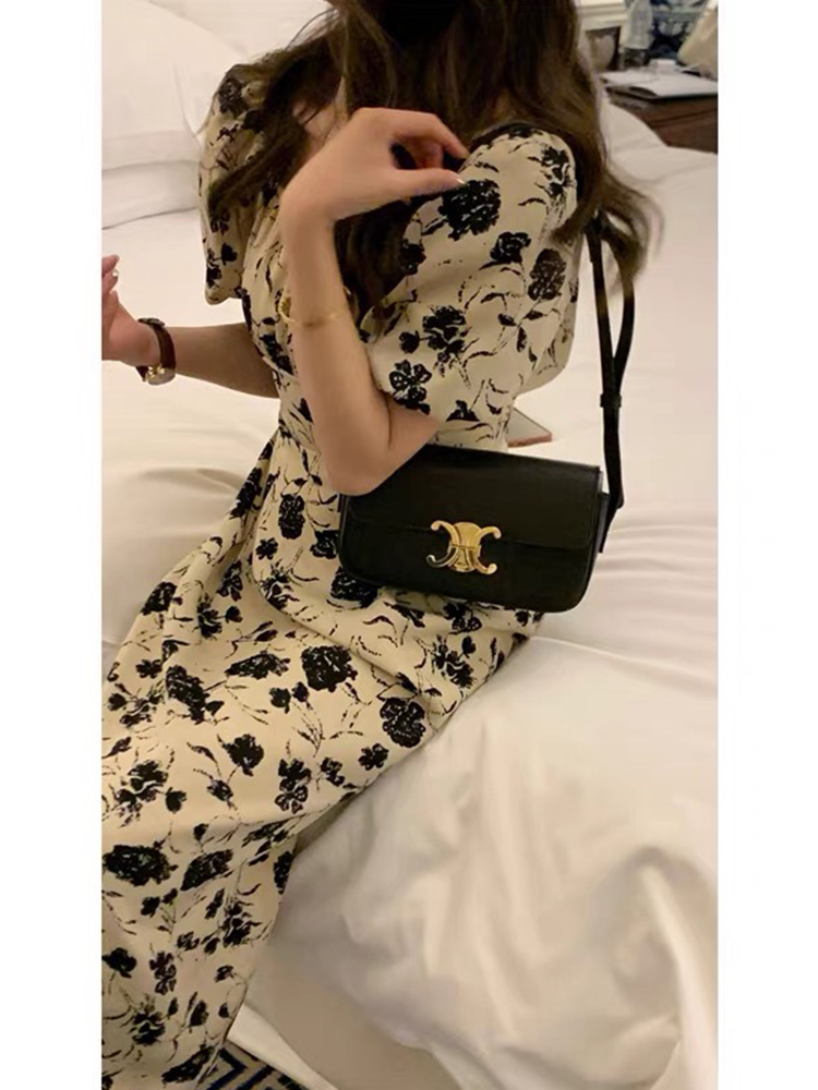 Season new French sisters afternoon tea floral dress for women Hong Kong style chiffon v-neck short-sleeved fishtail dress