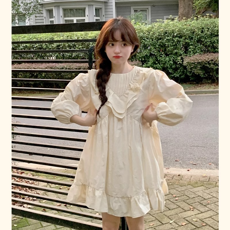 韓系少女春秋季2024年復古可愛休閒法式愛心泡泡袖連衣裙優雅裙子