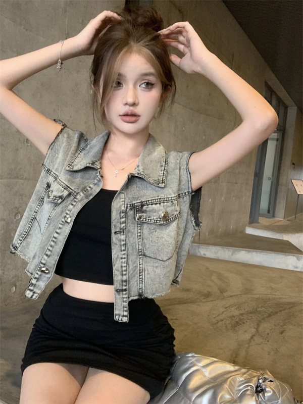 實拍 酷辣妹性感套裝裙女復古牛仔馬甲吊帶包臀短裙三件套