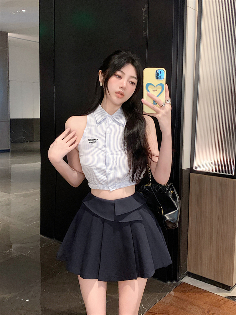 實拍 炸街辣妹設計感襯衫a字百褶裙純欲套裝