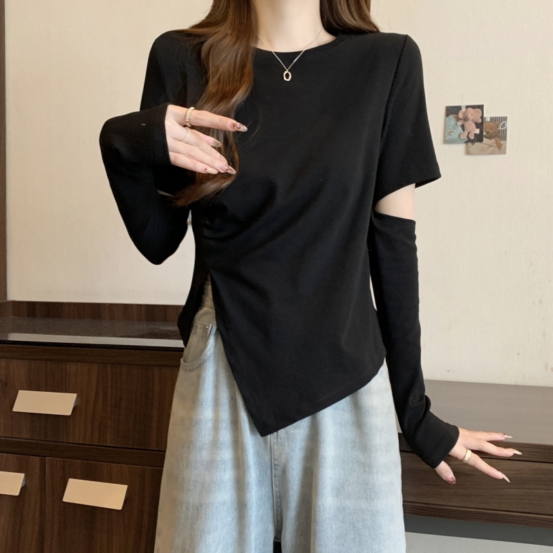 實拍  40支純棉 2024夏裝長袖T恤女設計感 袖子可拆卸