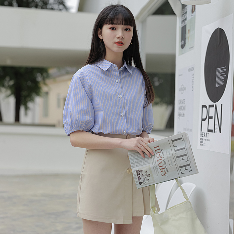 實拍藍色日系短袖寬鬆燈籠袖條紋襯衫女夏新款2024年中袖襯衣