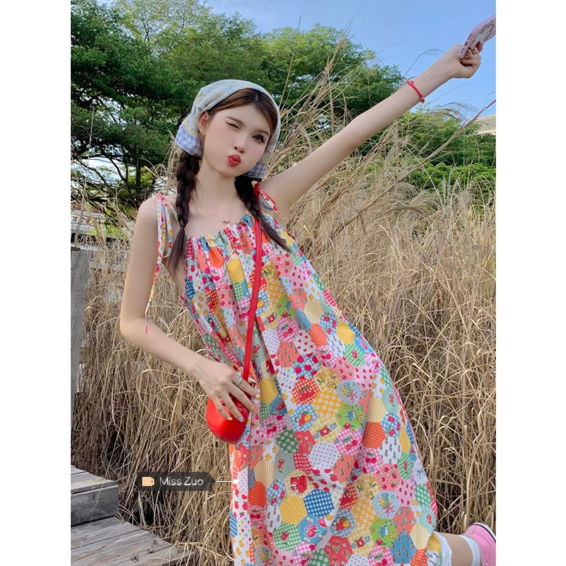 碎花吊帶連衣裙女夏季2024新款甜美減齡獨特超好看拼接花邊長裙子