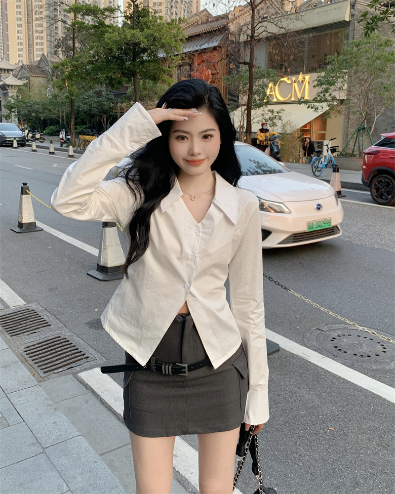 實拍~春秋法式氣質高級感V領疊穿設計感小眾長袖襯衫襯衣上衣