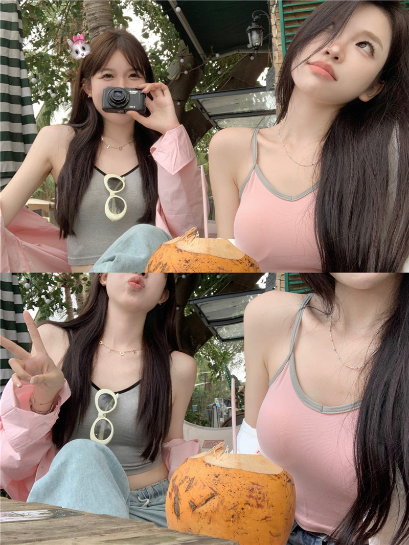 實拍帶胸墊顯瘦撞色背心吊帶+防曬開衫襯衫