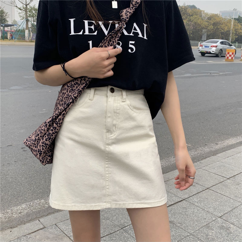 純色牛仔裙女夏天ins風學生韓版高腰百搭小眾包臀a字型半身短裙子
