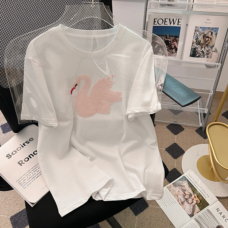 實拍純棉短袖t恤女夏2024刺繡花鑲鑽圓領新款上衣大碼女裝