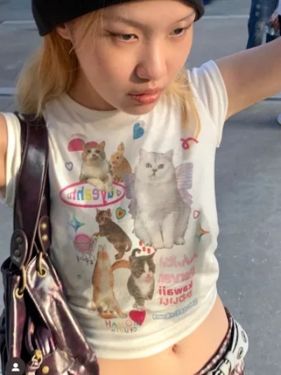 92棉/8氨綸甜辣妹獨特别致短款短袖t恤高級設計感純欲露臍上衣
