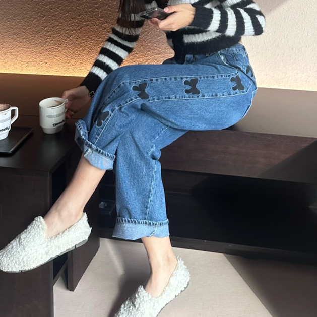 Embroidered bow Korean retro patchwork jeans