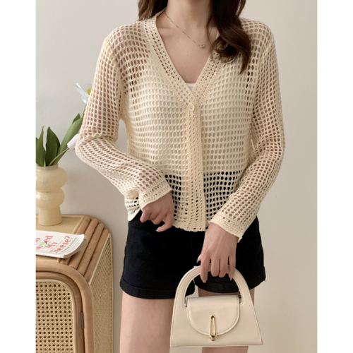 Real shot of hollow design ice silk outer thin sun protection jacket for women Korean style summer lazy knitted cardigan top