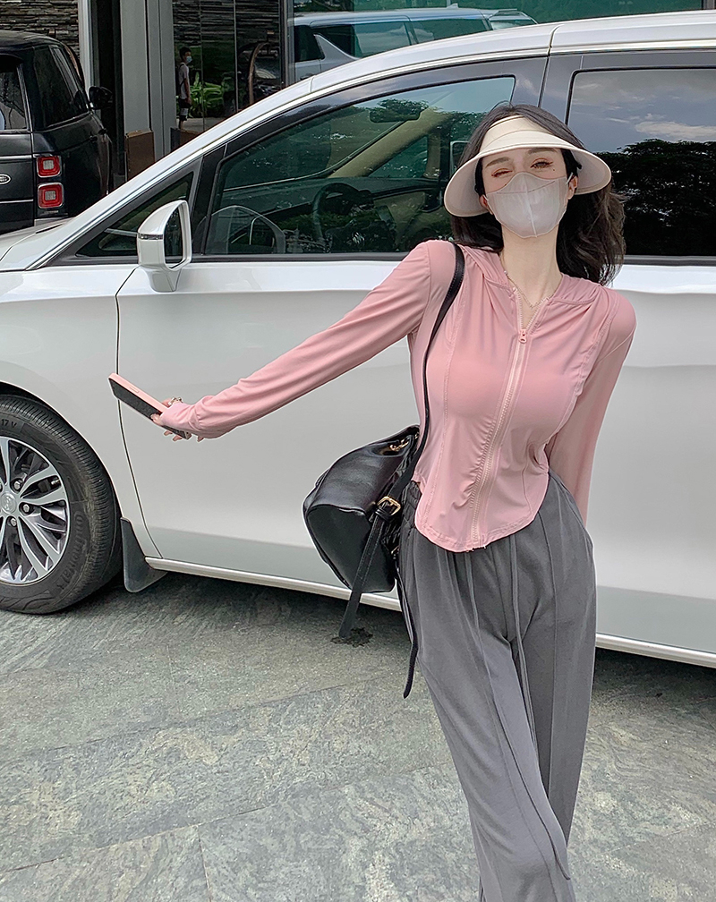 夏薄款透氣防紫外線修身顯瘦短款連帽上衣+褲子套裝