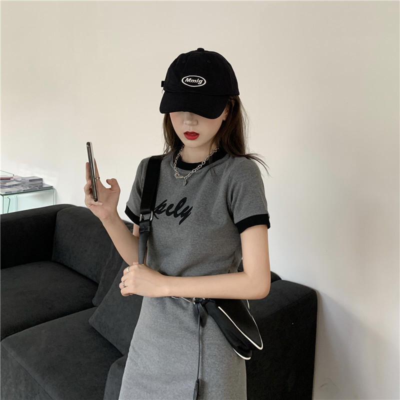 灰色修身T恤裙2024新款夏季女裝韓版簡約短袖連衣裙中長款裙子潮