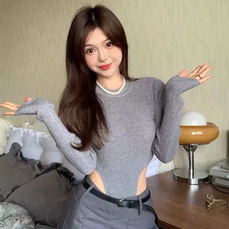 圓領長袖T恤女緊身顯瘦內搭打底衫連體衣春季露腰純欲風性感上衣