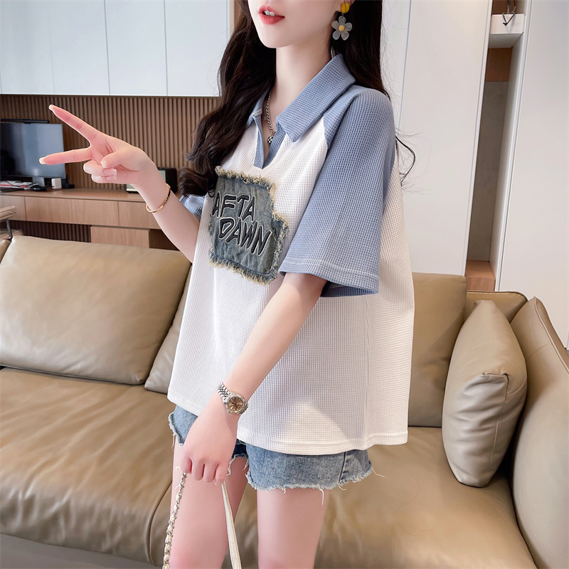 實拍 華夫格短袖t恤女復古chic港味半袖設計感小眾夏寬鬆polo衫