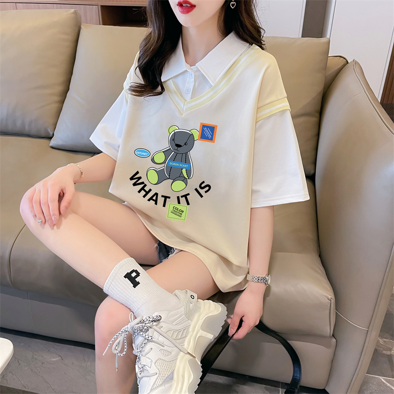 首發實拍斜紋拉架假兩件短袖T恤女夏新款寬鬆上衣潮牌質量