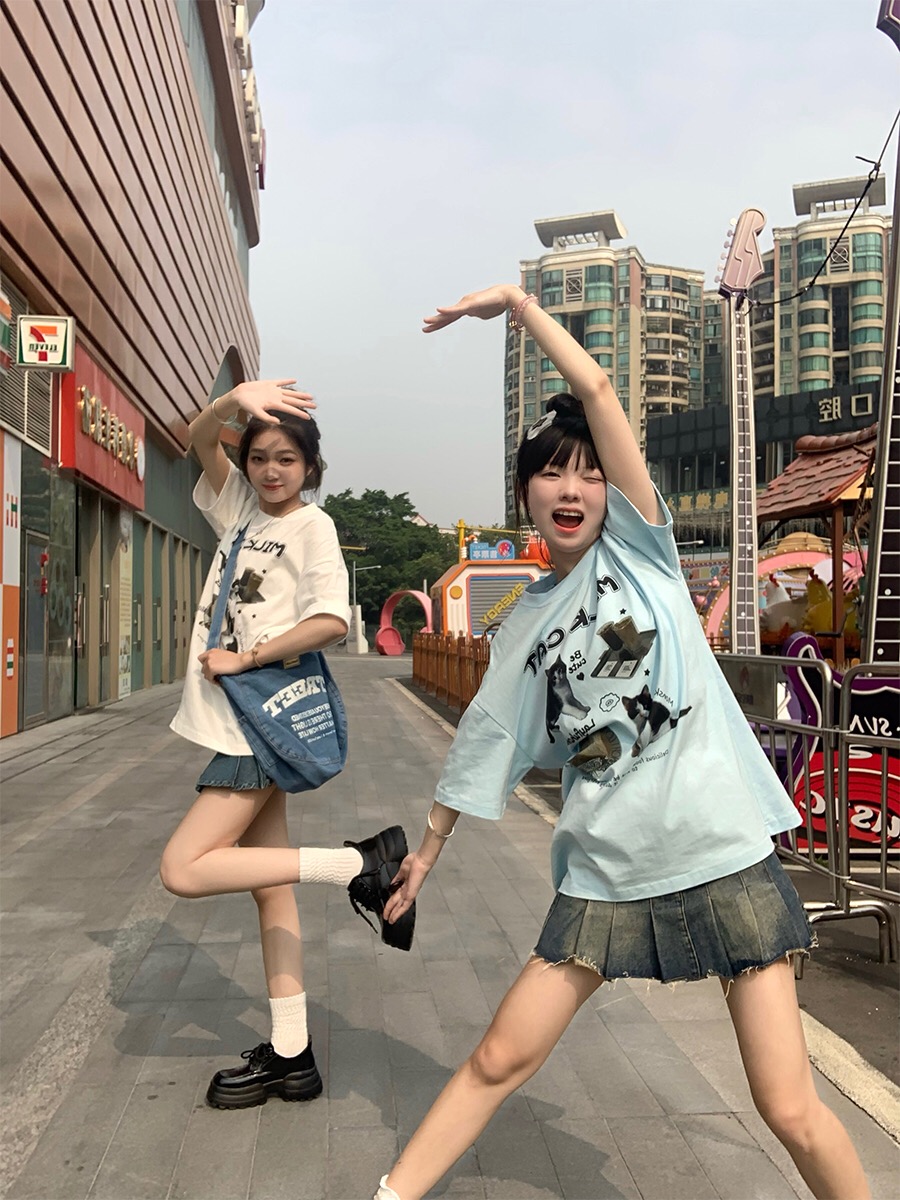 MEIM檸檬獨居女孩寵物貓咪印花短袖T恤夏季寬鬆BF潮流半袖上衣ins