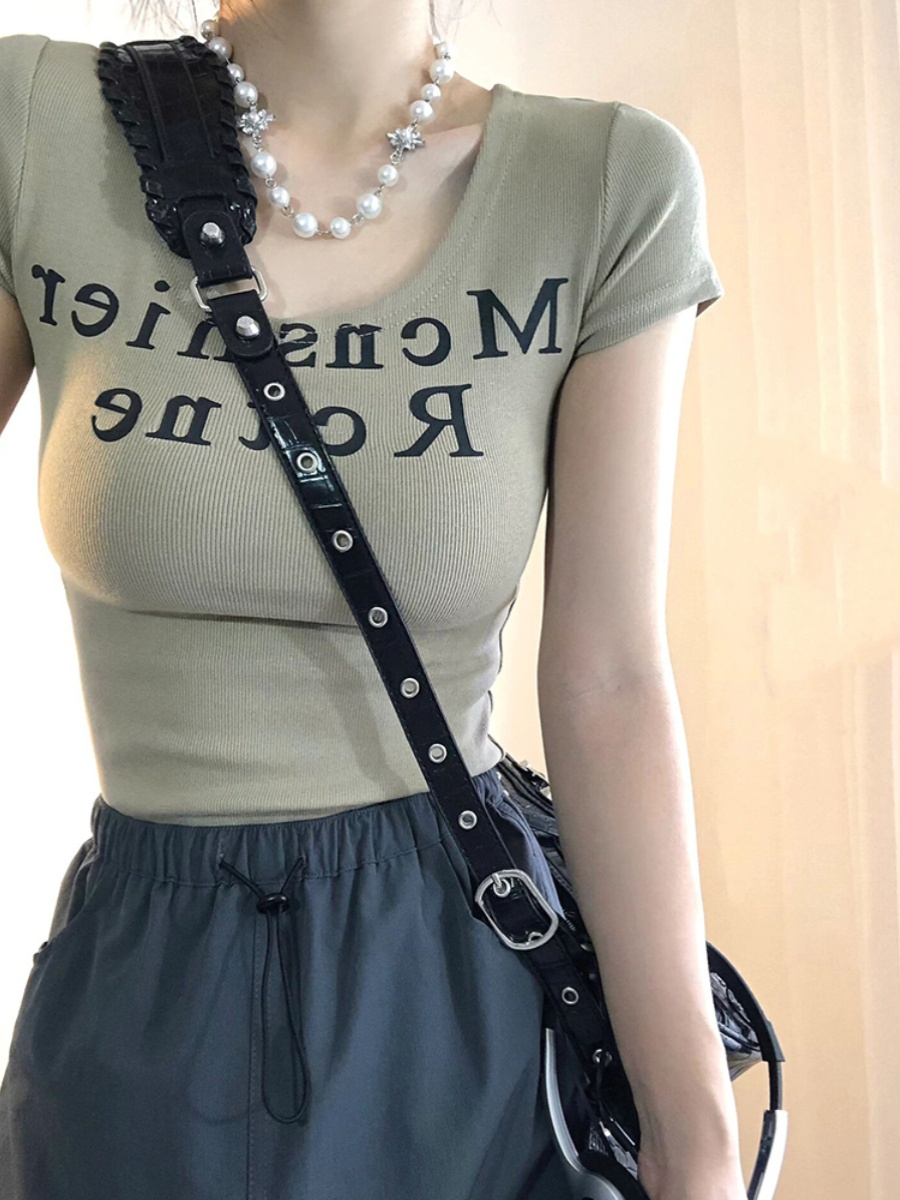 純棉有彈力設計感小眾夏季新款百搭上衣正肩辣妹u領緊身短袖t恤女