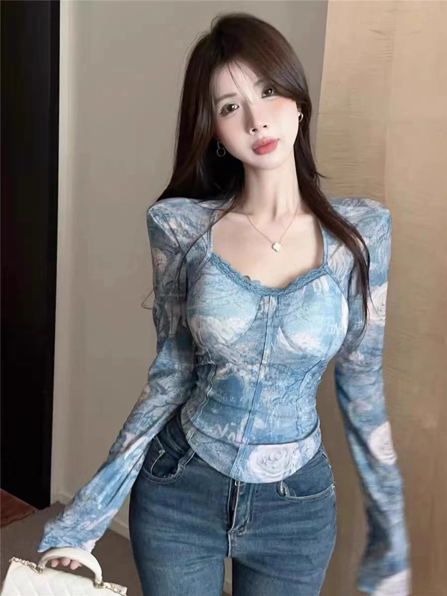 純欲辣妹魚骨上衣女帶胸墊長袖t恤網紗蕾絲打底衫內搭