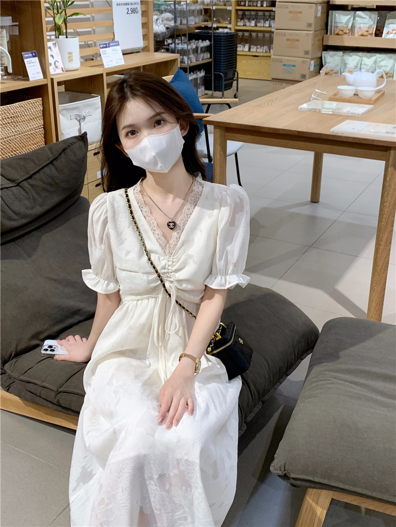 原版布溫柔少女系系帶連衣裙春季2024新款時尚高腰襯衫中長裙女潮