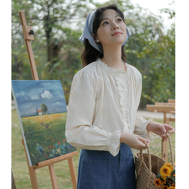 實拍2024年春新款日系文藝復古花邊立領長袖襯衣女疊穿小個子上衣